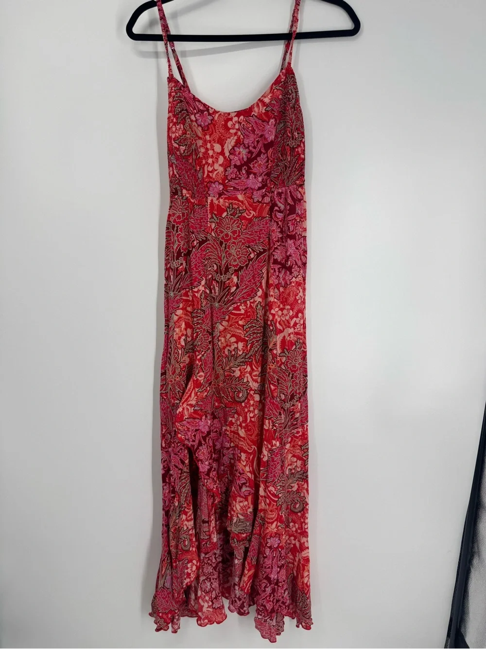 Free People Forever Yours Smocked Slip Dress Red Floral Asymmetrical Resort XS
